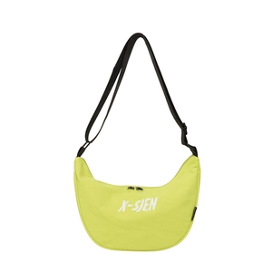 Neon green half-moon crossbody bag for kids with white lettering and adjustable strap