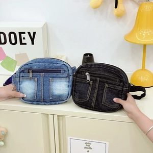 Sac De Poitrine En Denim Pour Enfants Multi Poches Lavé Rétro Bandoulière Banane Décontracté Pour Garçons Filles