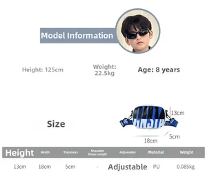 Size chart showing 18x13x5cm dimensions for the kids crossbody bag in PU leather