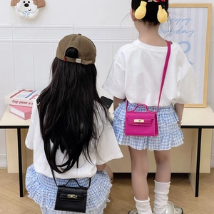 Classic lychee texture mini crossbody bag for kids with metal clasp and handle