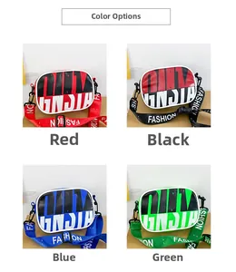 Detailed grid view of stylish kids cross-body bags in vibrant red, black, blue, and green