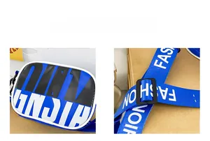 Detail of adjustable shoulder strap and fashion print on blue-black crossbody bag