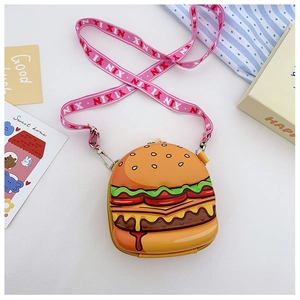 Detail of creative silicone burger-shaped crossbody bag with printed pink shoulder strap