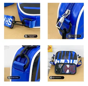 Detail view of stylish color-block crossbody bag with metal zippers and size comparison