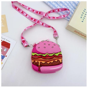 Pink cartoon burger shaped crossbody bag for kids with printed adjustable shoulder strap
