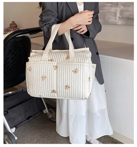Detailed view of quilted beige diaper bag with bear embroidery held by a mother