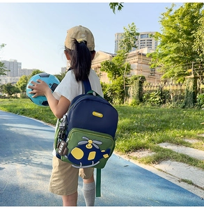 Detail of cartoon helicopter patch and green pocket on kids' navy school backpack