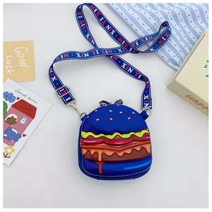 Blue silicone burger-shaped bag with adjustable strap and vibrant cartoon prints