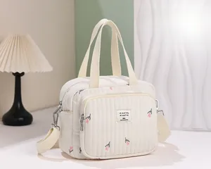 Détail du sac matelassé crème avec broderies fleurs roses et fermetures éclair