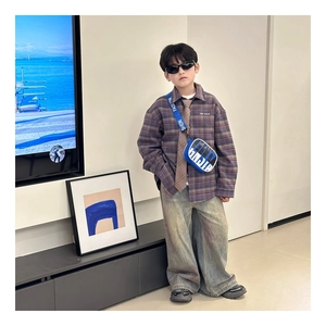 Kids streetwear set featuring plaid shirt, denim jeans and blue color block crossbody bag
