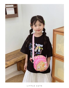 Pink kids crossbody bag featuring cute cartoon animal print and adjustable strap
