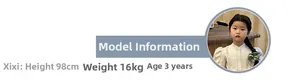 Size chart showing height 98cm and weight details for child handbag model guide