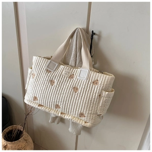 Detail der gesteppten beigen Wickeltasche mit Bärenstickerei und All about Baby Etikett
