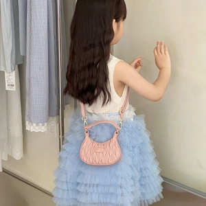 Pink pleated leather mini shoulder bag for girls with gold hardware and top handle
