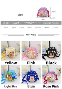 Size chart for cute Capybara cartoon nylon shoulder bag with adjustable strap and dimensions