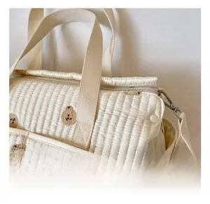 Detail of quilted cotton fabric with cute bear embroidery and reinforced webbing handle