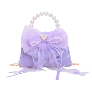 Sac à main violet pour fille style princesse avec nœud en dentelle et poignée en perles