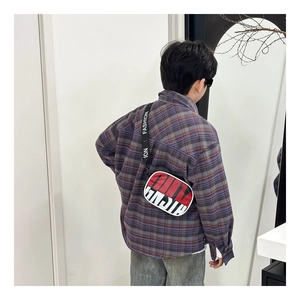 Detail of kids sport crossbody bag with red and white color block and fashion logo strap