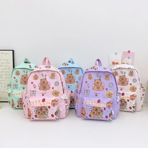 Kids Backpack Nylon Lightweight Printed Capybara Cartoon Gingham Grid Daypack For Kindergarten Boys Girls