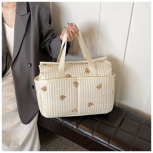 Detail of the quilted mommy bag featuring cute bear embroidery and convenient side pockets