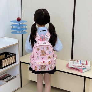Pink checkered Capybara backpack for kids with cute strawberry prints and adjustable straps