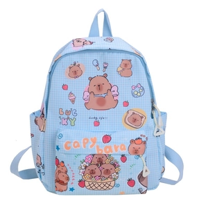 Light blue plaid kids backpack with cute cartoon Capybara prints and durable canvas