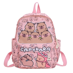 Cute pink Capybara backpack for preschool kids with cartoon animal print and large capacity