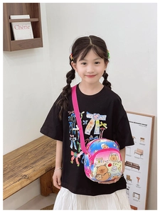 Close-up of kids colorful gradient crossbody bag with cute cartoon bear and lucky slogans