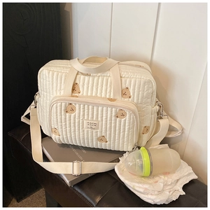 Detail of cute bear embroidery on beige quilted diaper bag with multiple storage pockets