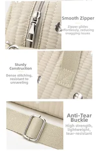 Detail of smooth metal zipper, sturdy stitching, and silver buckle on beige quilted bag