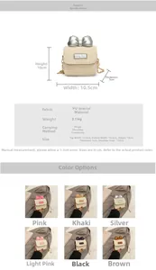 Detailed size specifications and multi-color view of mini woven bow shoulder bags