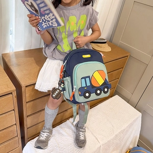 Navy blue school backpack with cartoon cement mixer pattern for primary students