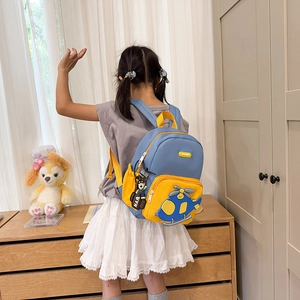 Cute kids backpack with 3D helicopter design in blue and yellow for kindergarten children