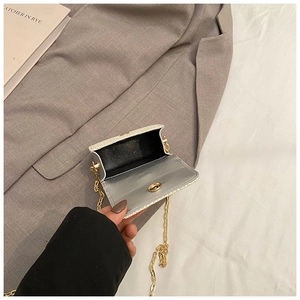 Detail of silver textured mini bag with golden chain strap and magnetic clasp closure