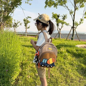 Kids large capacity school bag with cute cartoon concrete mixer truck in khaki brown