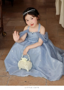 Detail of blue princess dress with silver star patterns and pearl woven handbag