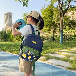 Cute cartoon helicopter school bag for kids in navy and green waterproof nylon