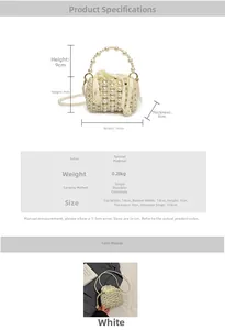 Detailed size specifications for a white woven pearl mini bucket bag for girls