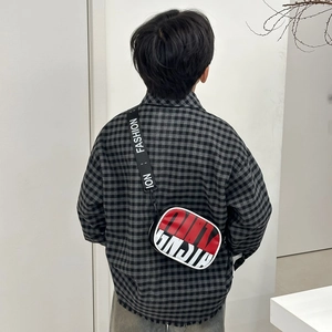 Kids fashion crossbody bag with tricolor patchwork design on a back-view child model