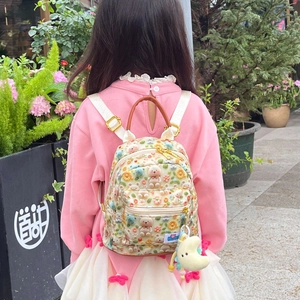 Cute cartoon toddler backpack with 3D bear embroidery and yellow moon plush charm