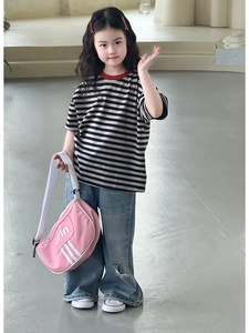 Pink striped crossbody bag for kids with white orin lettering and sport details
