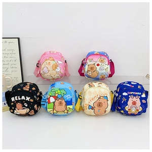 Detailed view of six colorful cartoon capybara crossbody bags for children displayed on a rack