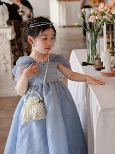 Detail of light blue girls' princess dress featuring sparkling stars and pearl accessories