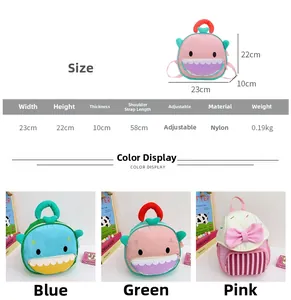 Size chart and dimensions for cartoon toddler backpack showing nylon colors and material