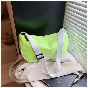 Detail of neon green nylon half-moon crossbody bag with sport stripes and orin logo