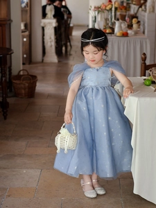 Detail of a blue princess dress with starry tulle overlay and a pearl woven handbag