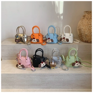 Kids Girls Mini Handbag Pu Leather Litchi Texture Crossbody Bag Cute Cartoon Dog Charm Solid Color Toddler Shoulder Bag