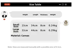 Size chart showing small and large canvas crossbody bag dimensions with weight and height