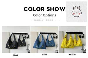 Canvas tote bag color options in black, blue and yellow with cute smiley face detail