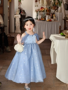 Close-up of a decorative pearl bead handbag paired with a blue tulle princess dress